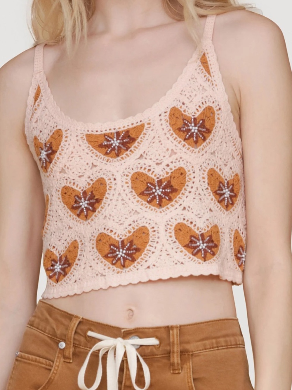 Avec Les Filles CROCHET COTTON BLEND MIXED PATTERN HEART CROP TOP XS/S